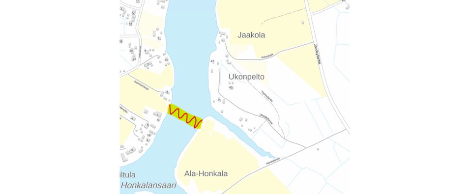 Karttakuva Utosjoen kohdasta missä viemäriputki voi aiheuttaa haittaa.