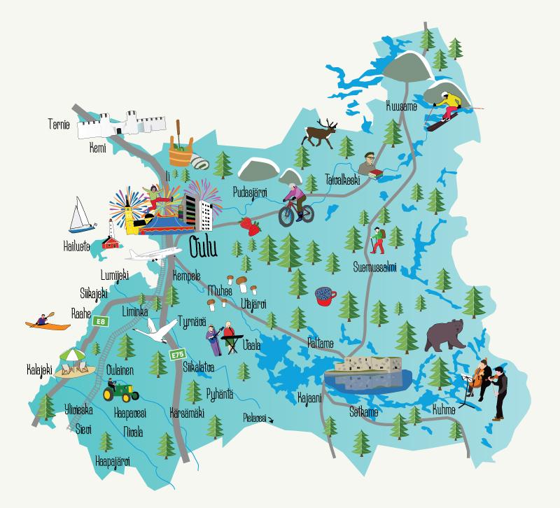 Karttakuva Oulu 2026 kulttuuripääkaupunkihankkeen mukana olevista kunnista ja kaupungeista.